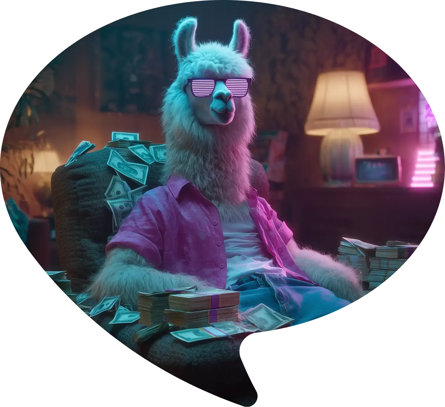 A llama in shutter shades and a pink shirt lounges in an armchair surrounded by stacks of cash