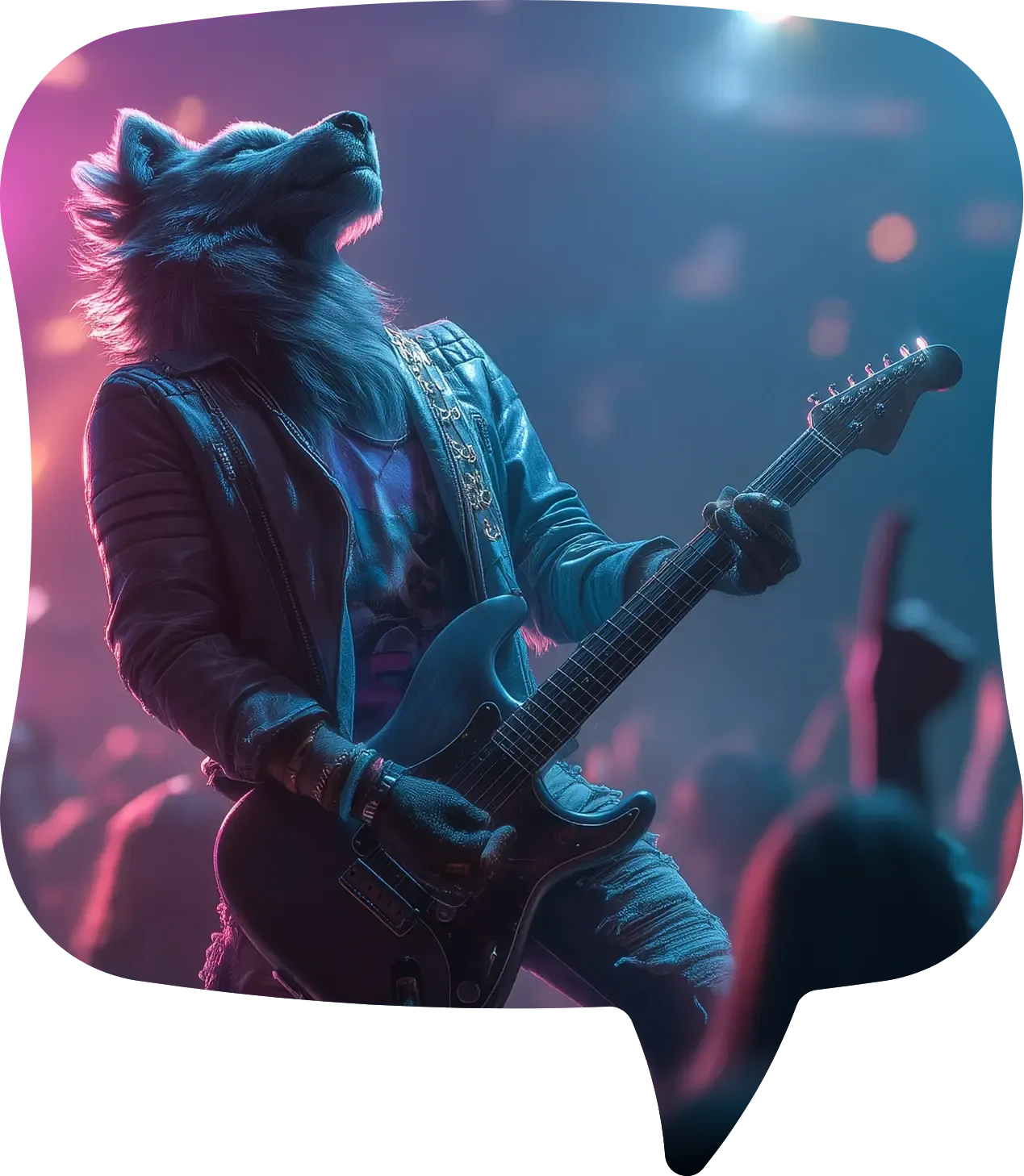A wolf in a leather jacket shreds an electric guitar on stage
