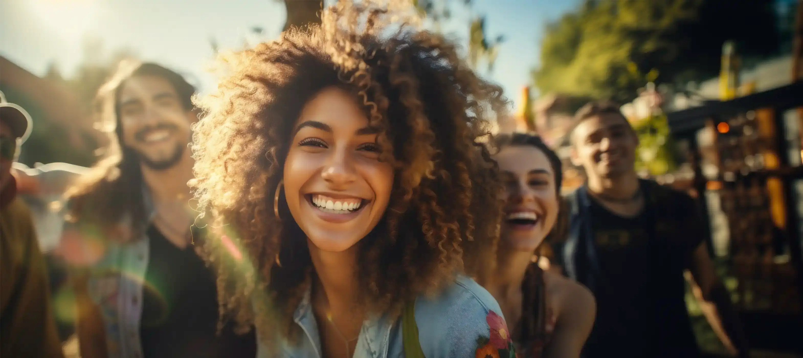 A young woman with curly hair laughs with friends on a sunny street