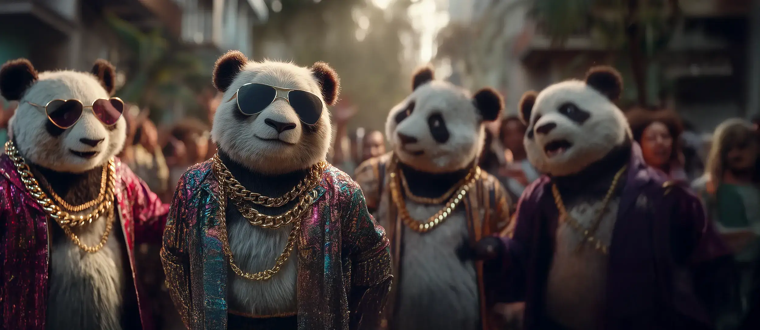 Four pandas in sunglasses, gold chains and sequined jackets strut down a city street