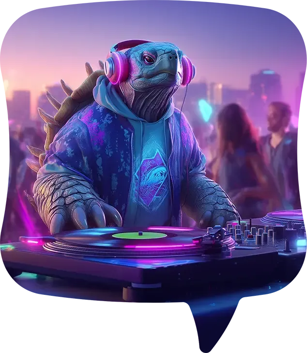 A tortoise in headphones and a hoodie DJs on turntables at a rooftop party