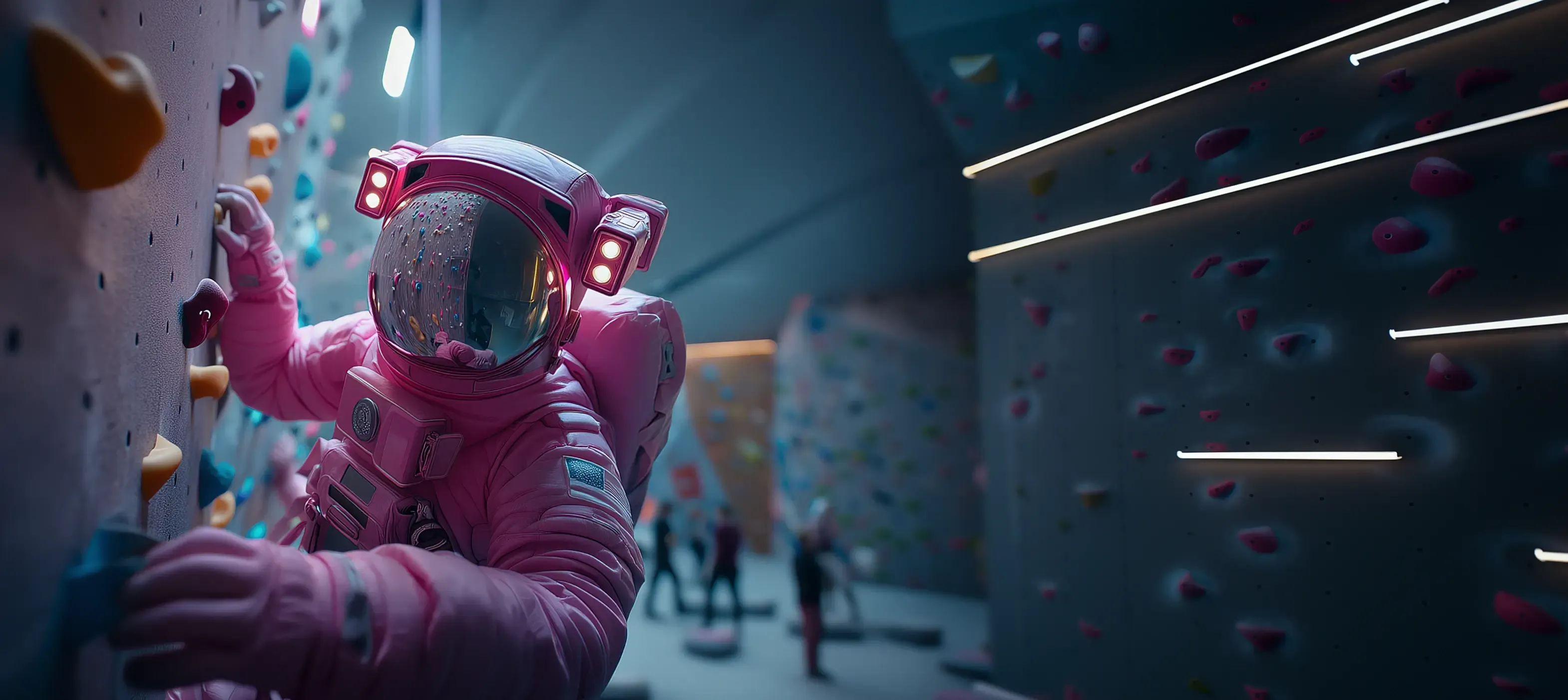An astronaut in a pink spacesuit scales an indoor climbing wall
