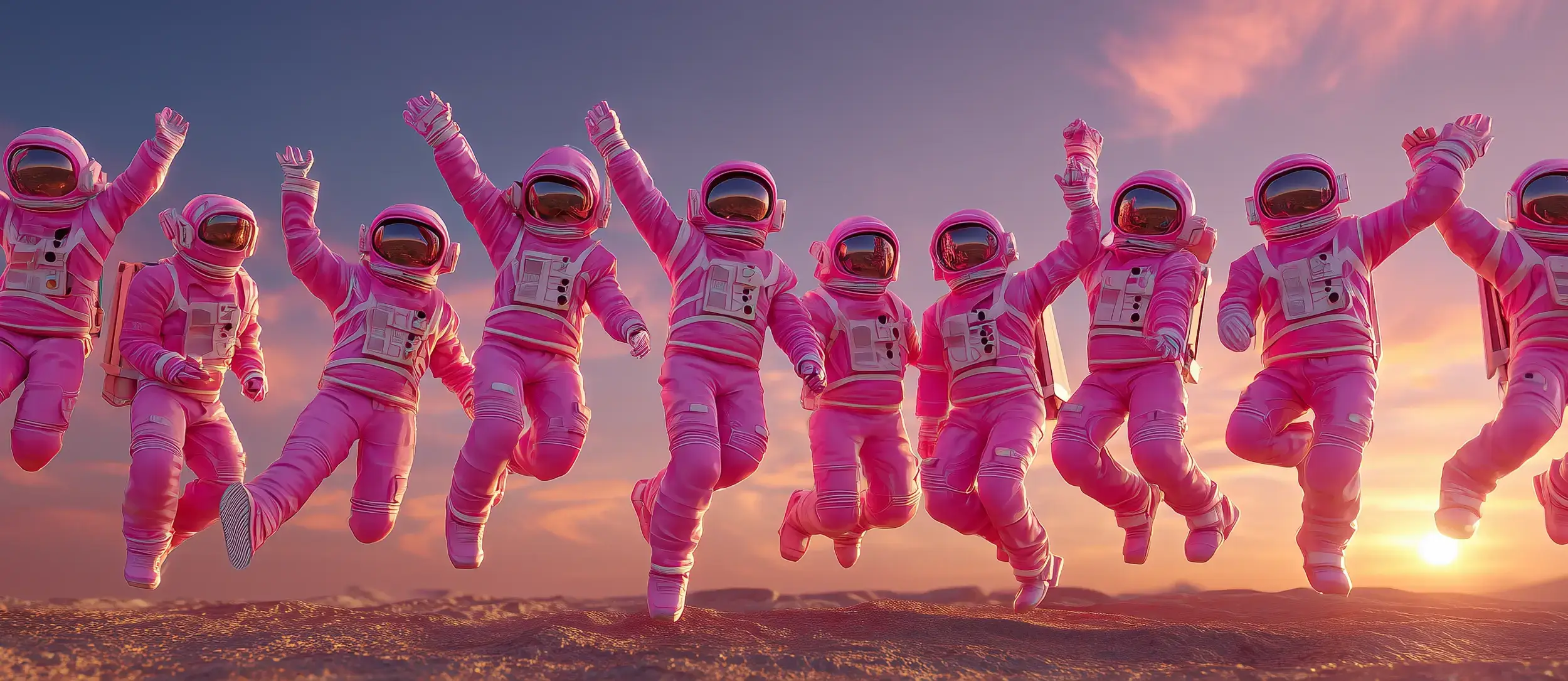 A dozen astronauts in pink spacesuits leap into the air on a desert dune at sunset